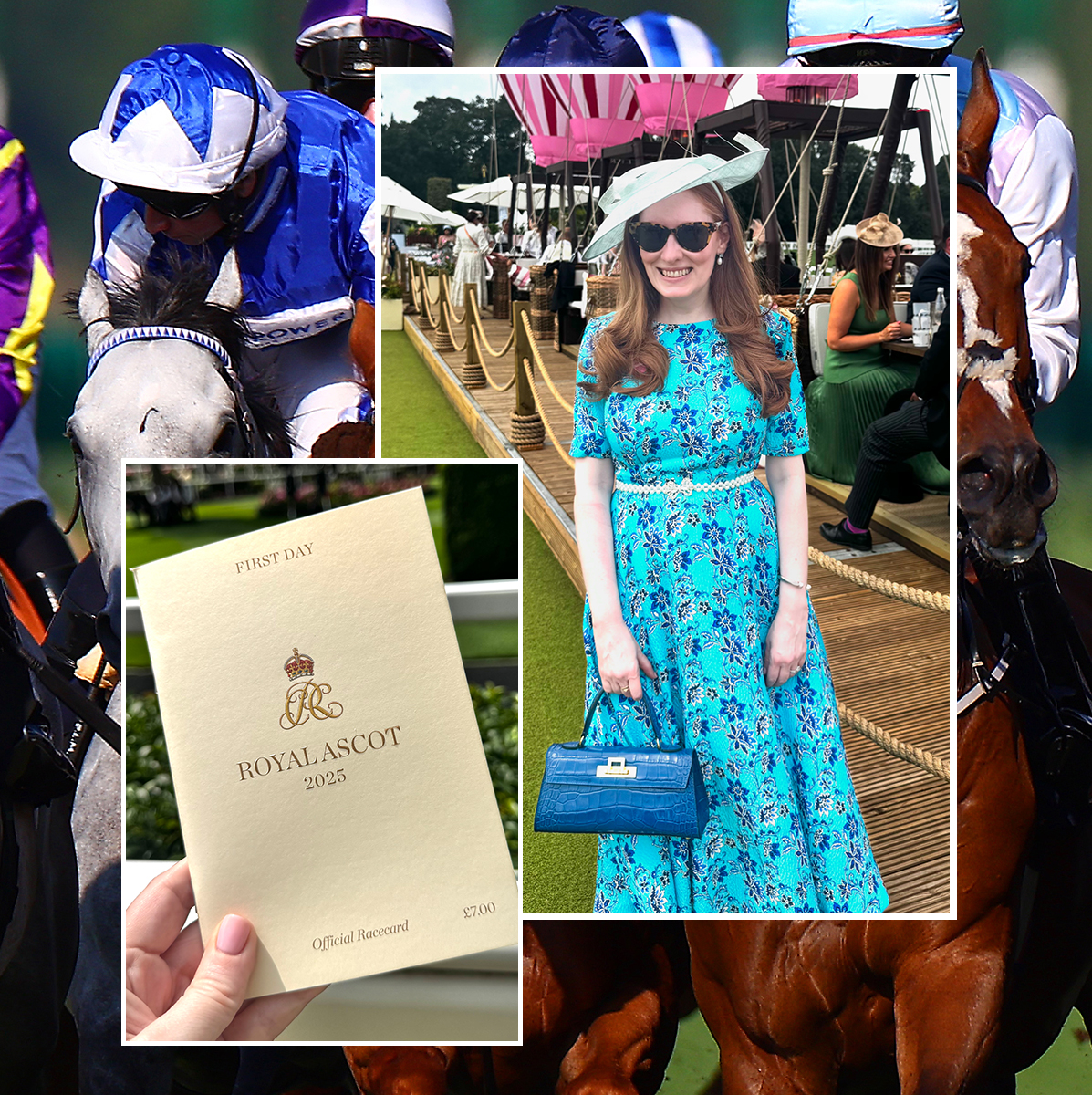 Kristin Contino posing in a blue dress next to an image of a Royal Ascot program and horses racing