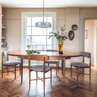 Dining room with mid century dining table and chairs.