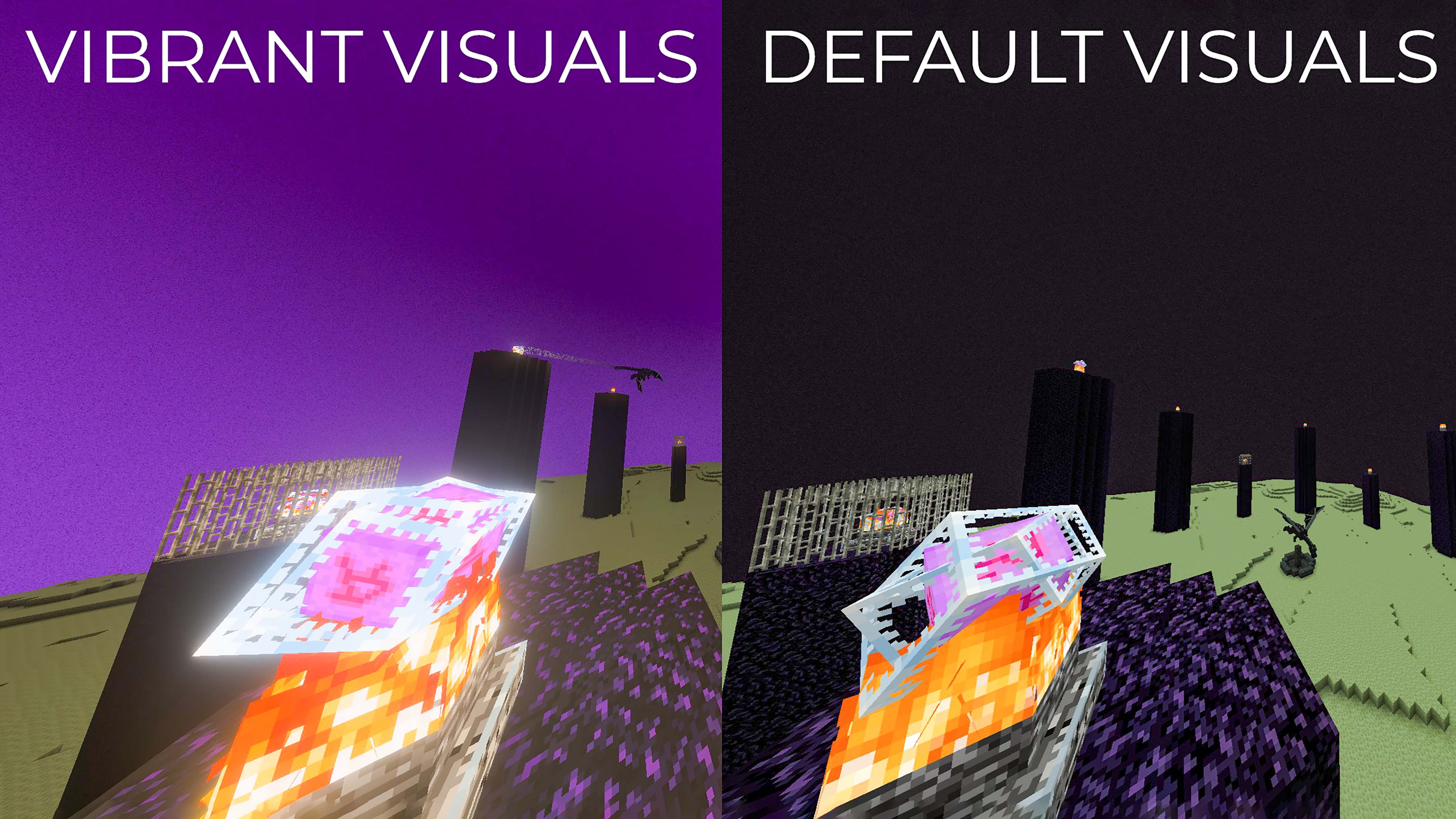 A comparison of the same The End scene with standard Minecraft visuals versus Vibrant Visuals. The dark world is easier to see in the Vibrant Visuals image.