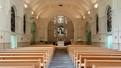 Architecture, Interior design, Church, Glass, Aisle, Ceiling, Hall, Chapel, Religious institute, Place of worship, 