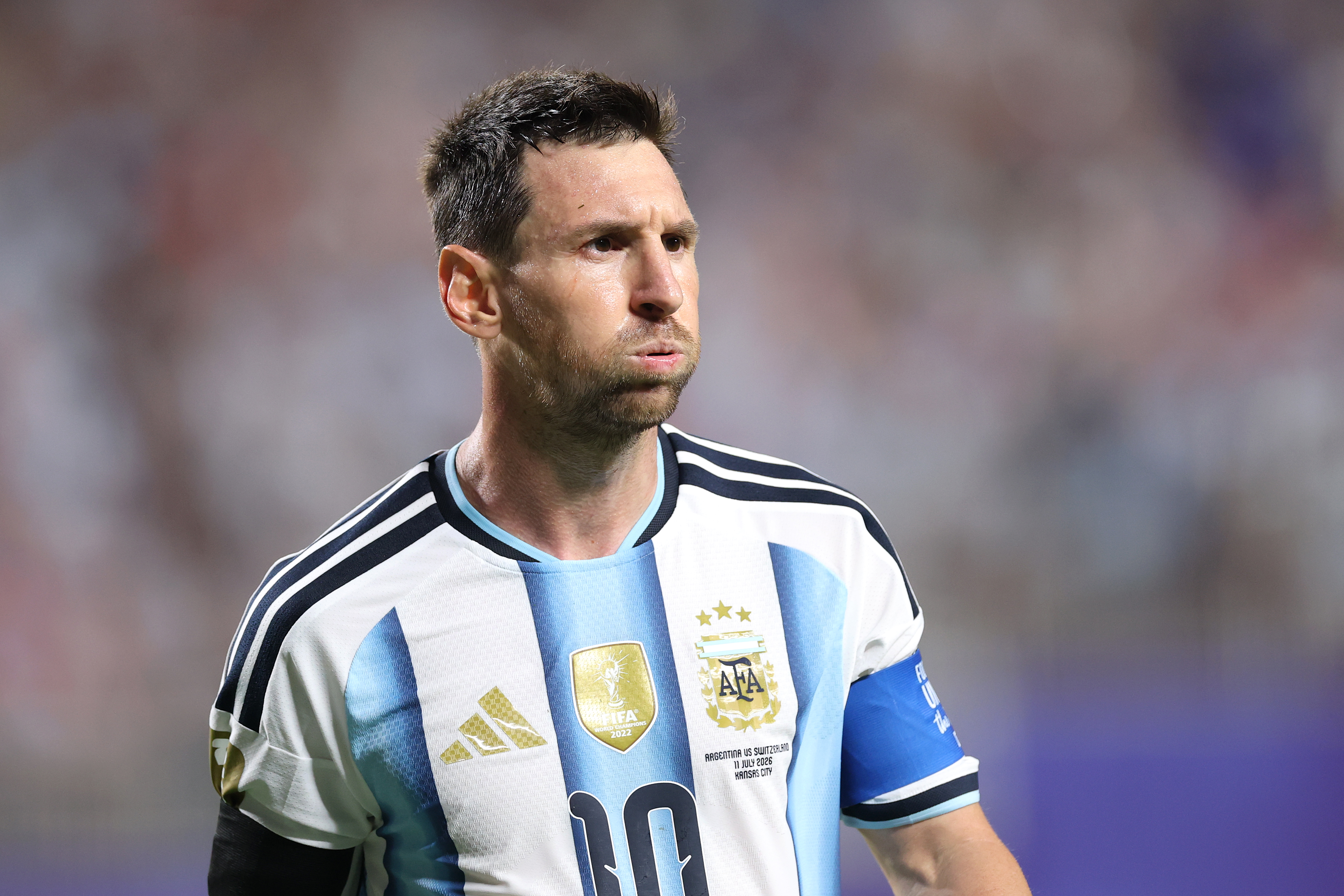 KANSAS CITY, MISSOURI - JULY 11: Lionel Messi #10 of Argentina reacts during the FIFA World Cup 2026 Quarter Final match between Argentina and Switzerland at Kansas City Stadium on July 11, 2026 in Kansas City, Missouri. (Photo by Carl Recine/Getty Images)