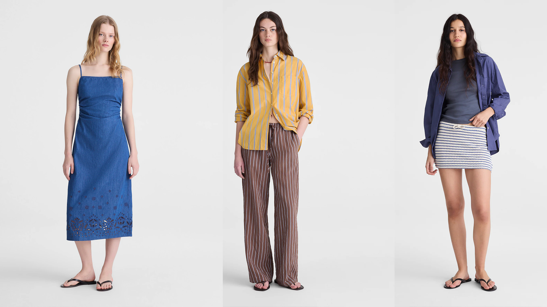 One Model wears blue eyelet dress. The middle model wears yellow button down shirt and brown striped pants. The last model wears t shirt, button down shirt in blue and knit skirt. 