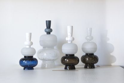 Four glass blown vases, white, blue and brown by Jiří Krejčiřík