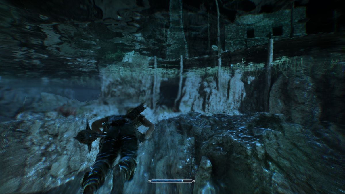 Gothic Remake New Camp: A player diving underneath the tavern, into a cave opening.