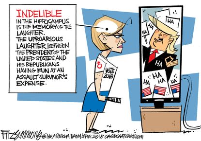 Political cartoon U.S. Trump mocking Christine Blasey Ford laughter sexual assault