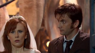 Donna Roble looks sad as The Doctor stares at her in The Runaway Bride