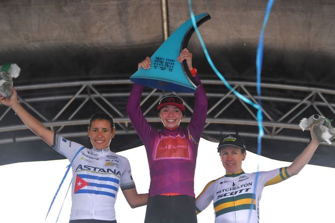 The podium of the 2020 women&rsquo;s Cadel Evans Great Ocean Road Race (l-r): Astana&rsquo;s Arlenis Sierra, winner Liane Lippert (Sunweb), Amanda Spratt (Mitchelton-Scott)