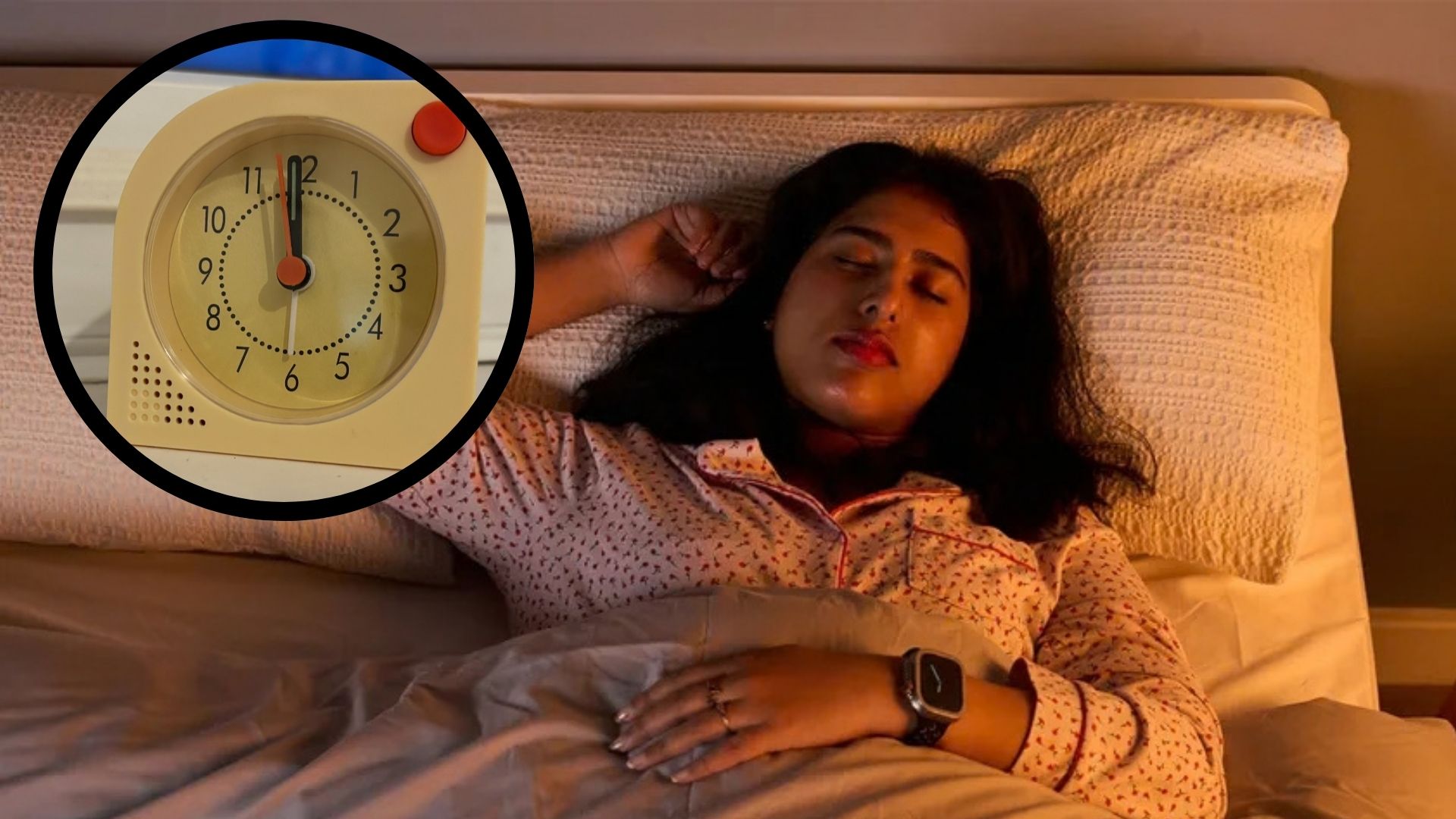 A young woman is fast asleep in bed. In the top left foreground, a circular frame shows a clock about to strike midnight.