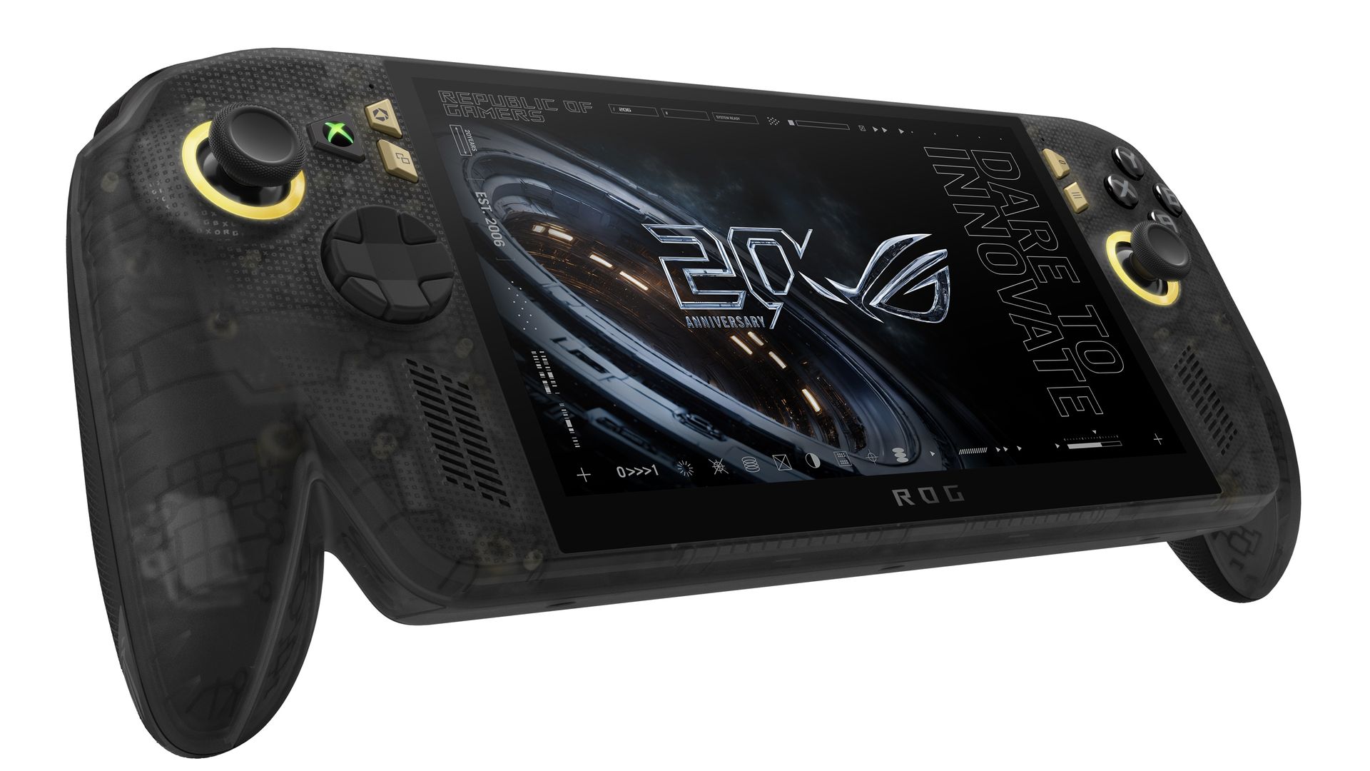 Angled front view of the translucent black ROG Xbox Ally X20 handheld console with gold joystick rings and screen displaying a 20th anniversary graphic.