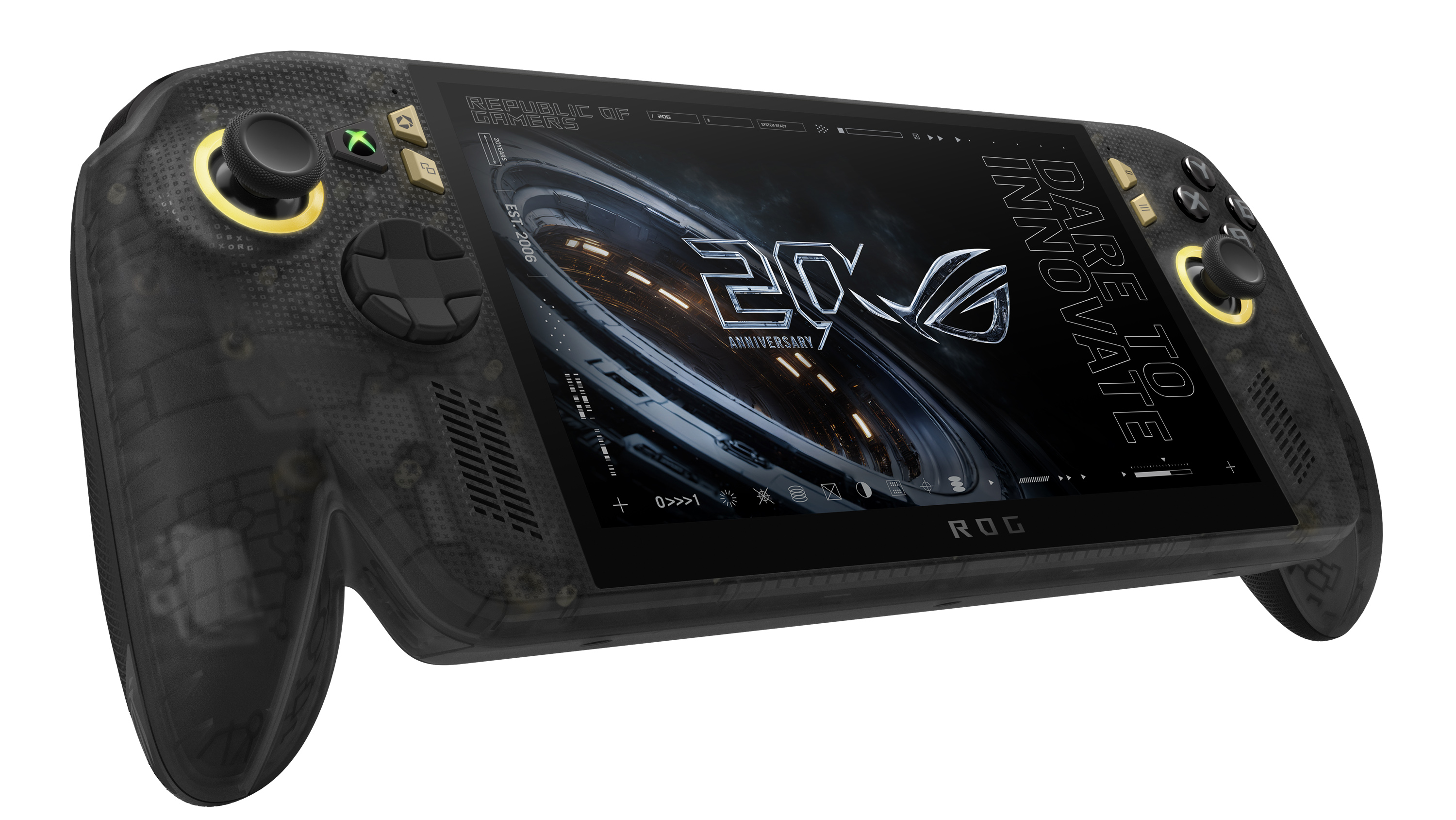 Angled front view of the translucent black ROG Xbox Ally X20 handheld console with gold joystick rings and screen displaying a 20th anniversary graphic.