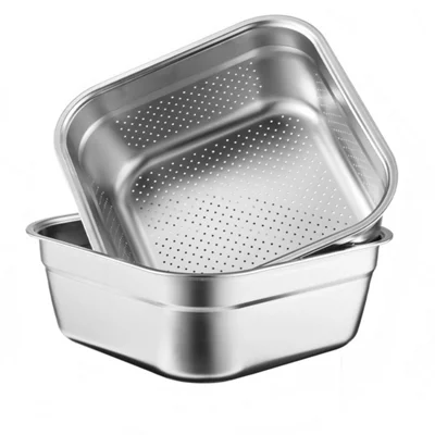 Stainless Steel Dish Tub Washing Up Bowl &amp;amp; Strainer Bowl Set Colander