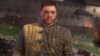 A battle-scarred Henry of Skalitz looks weary on a field of battle