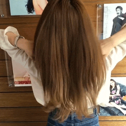 Hair, Human, Hairstyle, Denim, Jeans, Long hair, Back, Wrist, Picture frame, Paint, 