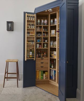 blue freestanding pantry unit in kitchen