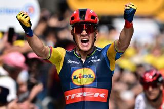 TOPSHOT Lidl Treks Danish rider Mads Pedersen celebrates as he cycles to the finish line to win 8th stage of the 110th edition of the Tour de France cycling race 201 km between Libourne and Limoges in central western France on July 8 2023 Photo by Marco BERTORELLO AFP Photo by MARCO BERTORELLOAFP via Getty Images