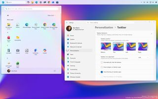 Windows 11 desktop with Taskbar docked at the top, smaller Start menu, and Settings app.