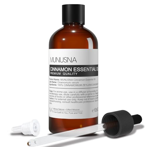 Munusna Cinnamon Essential Oil for Face, Skin Body Care, Massage, Diffuser | Pure and Natural, Cinnamon Oil for Aromatherapy, Home Odors Cleaning, Diy Air Spray, Soap and Candle Making, 3.38 Fl Oz