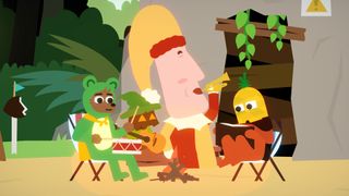 A giant jester blows on a tiny trumpet