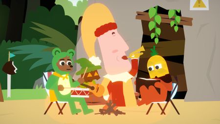 A giant jester blows on a tiny trumpet