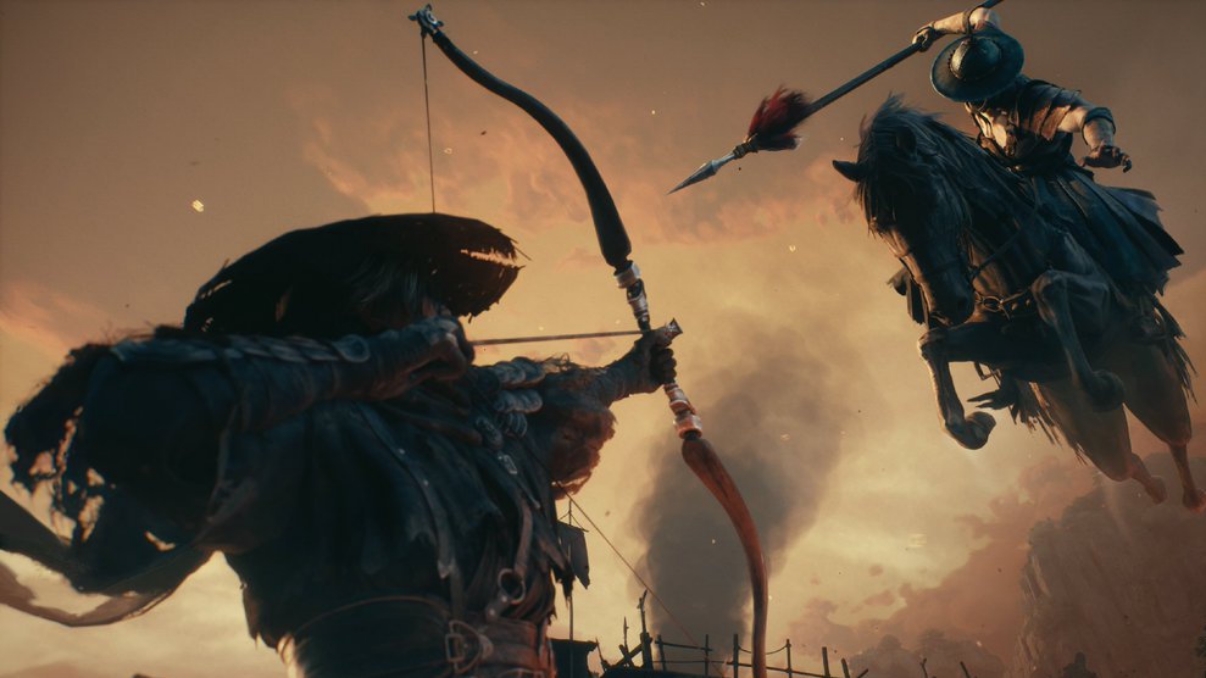 Phantom Blade Zero&#039;s Soul shooting an arrow at an attacking mounted enemy