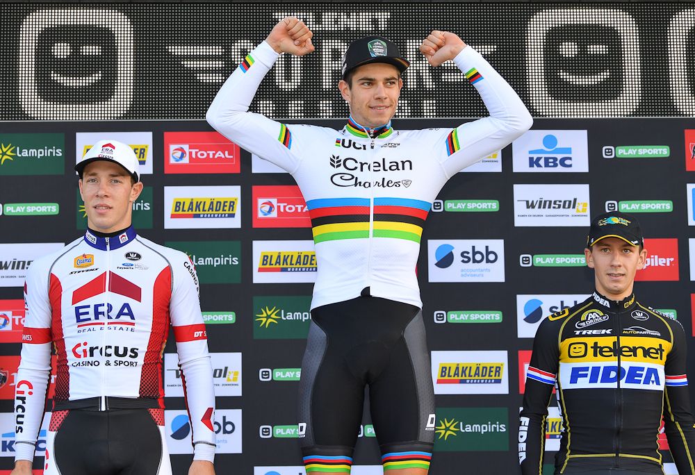 Laurens Sweeck, Wout Van Aert and Lars van der Haar on the Superprestige Niels Albert podium