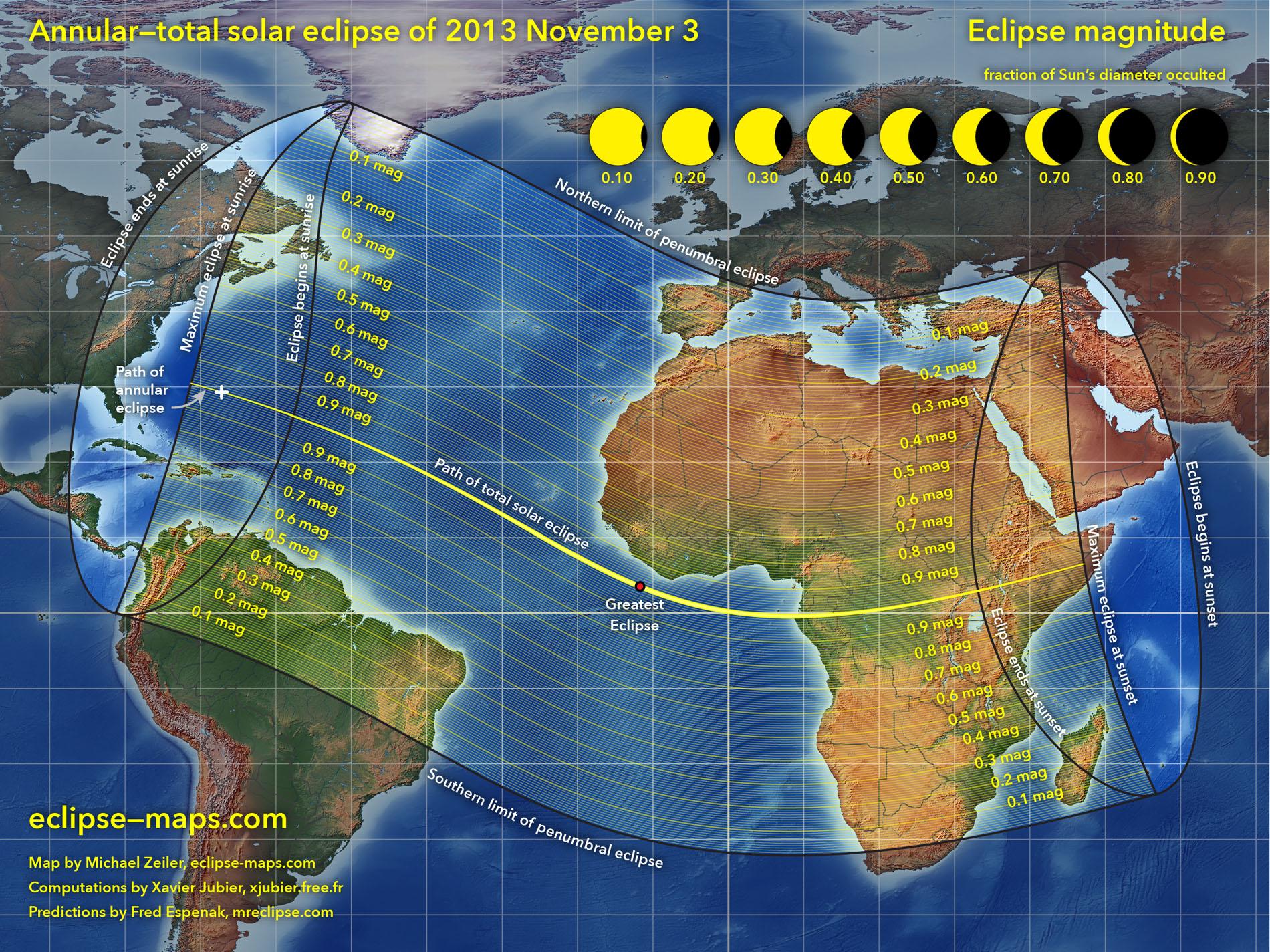 This overview map of the Nov. 3, 2013 annular and total solar eclipse, a hybrid solar eclipse, shows the path of the event. Cartographer Michael Zeiler of &lt;a href=&quot;http://eclipse-maps.com/&quot;&gt;Eclipse-Maps.com&lt;/a&gt;.