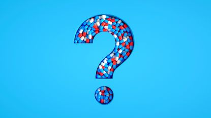 A question mark icon, viewed from above, is filled with red, blue, and white pills on a vibrant blue background. This 3D-rendered composition symbolizes uncertainties in healthcare, medication use, and the complex relationship between health and pharmaceutical solutions, raising questions about treatment and cost.