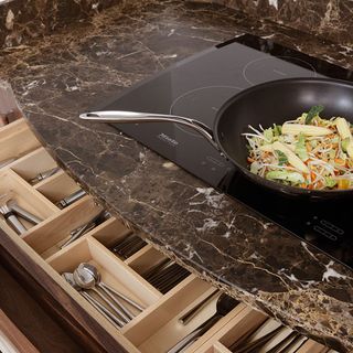 kitchen electric stove brown design counter pan with vegetables