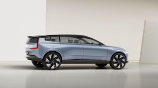 Side view of the Volvo Concept Recharge car in light blue.