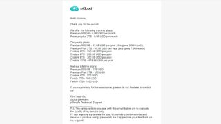 pCloud's support team's email to the author