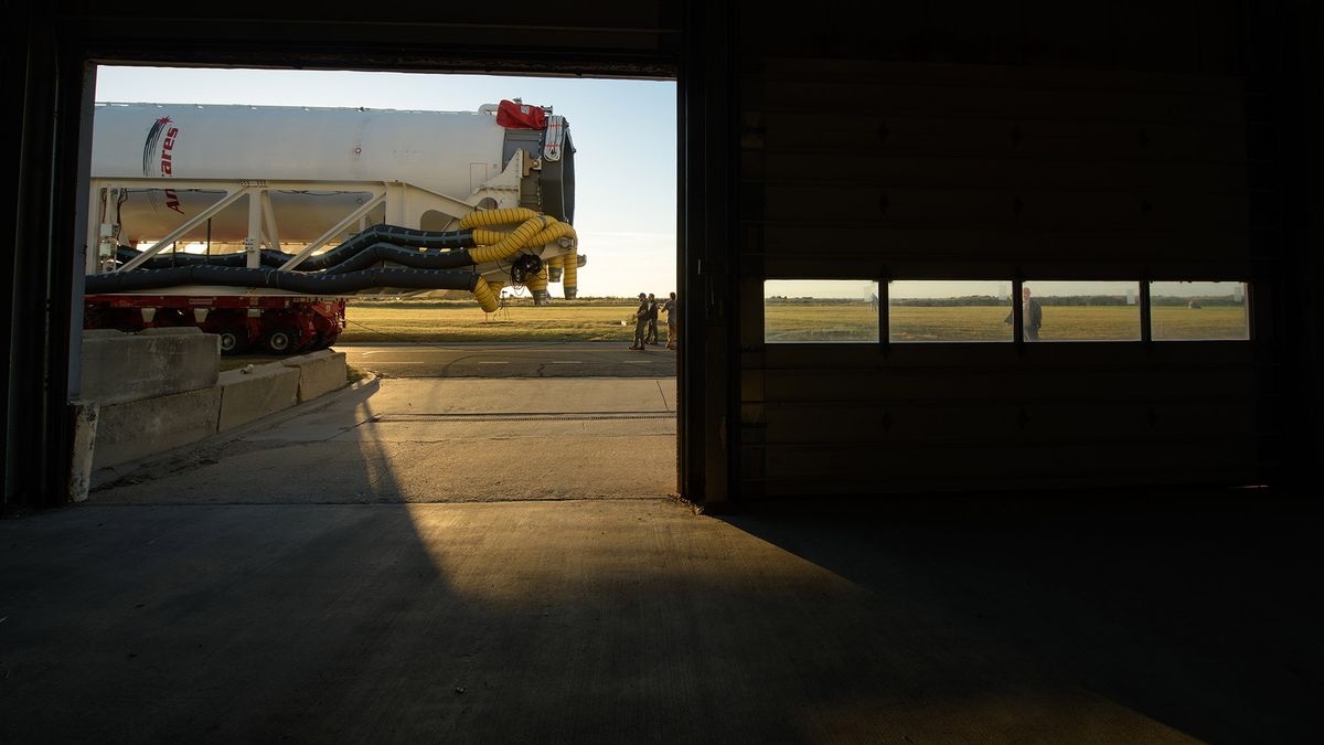 A Northrop Grumman Antares rocket is seen as it rolls out to Pad-0A, Tuesday, Oct. 29, 2019, at NASA's Wallops Flight Facility in Virginia.