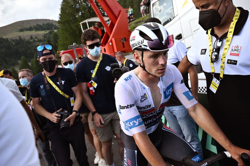 COL DE LA COUILLOLE FRANCE JULY 20 Remco Evenepoel of Belgium and Team Soudal QuickStep White best young jersey reacts after the 111th Tour de France 2024 Stage 20 a 1328km stage from Nice to Col de la Couillole 1676m UCIWT on July 20 2024 in Col de la Couillole France Photo by Marco Bertorello PoolGetty Images