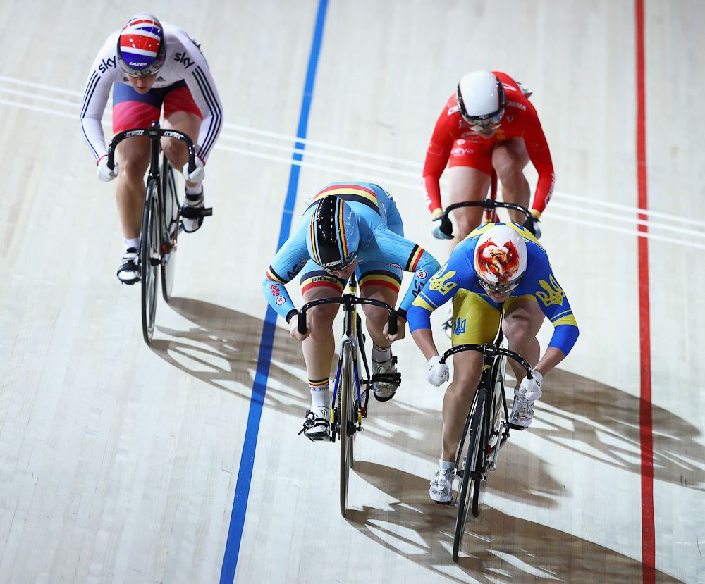 Nicky Degrendele is a Belgium, Lili Liu of China, Katy Marchant of Great Britain, Lee Wai Sze of Hong Kong, Shanne Braspennincx of the Netherlands and Lyubov Basova, nee Lyubov Shulika of Ukraine compete in the Women's Keirin Final
