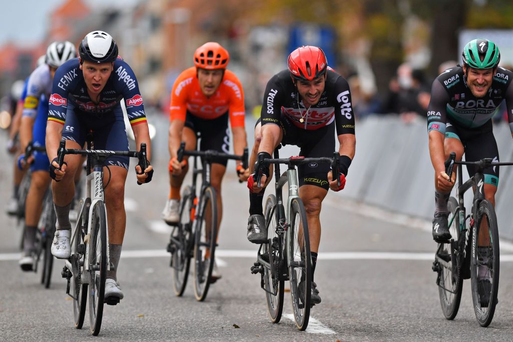 Tim Merlier (Alpecin-Fenix), John Degenkolb (Lotto Soudal), Jean Pierre Drucker (Bora - Hansgrohe) and Matteo Trentin (CCC) sprint for third place at Driedaagse Brugge-De Panne