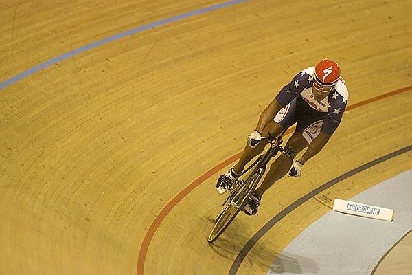 American rider Giddeon Massie in action during the mens' kilometre time trial on day two.