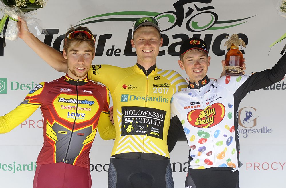 The final podium: Clement Ruso (Team St-&Eacute;tienne), Andzs Flaksis (Lat) Holowesko / Citadel Racing p/b Hincapie Sportswear, and Jordan Cheyne (Jelly Belly)