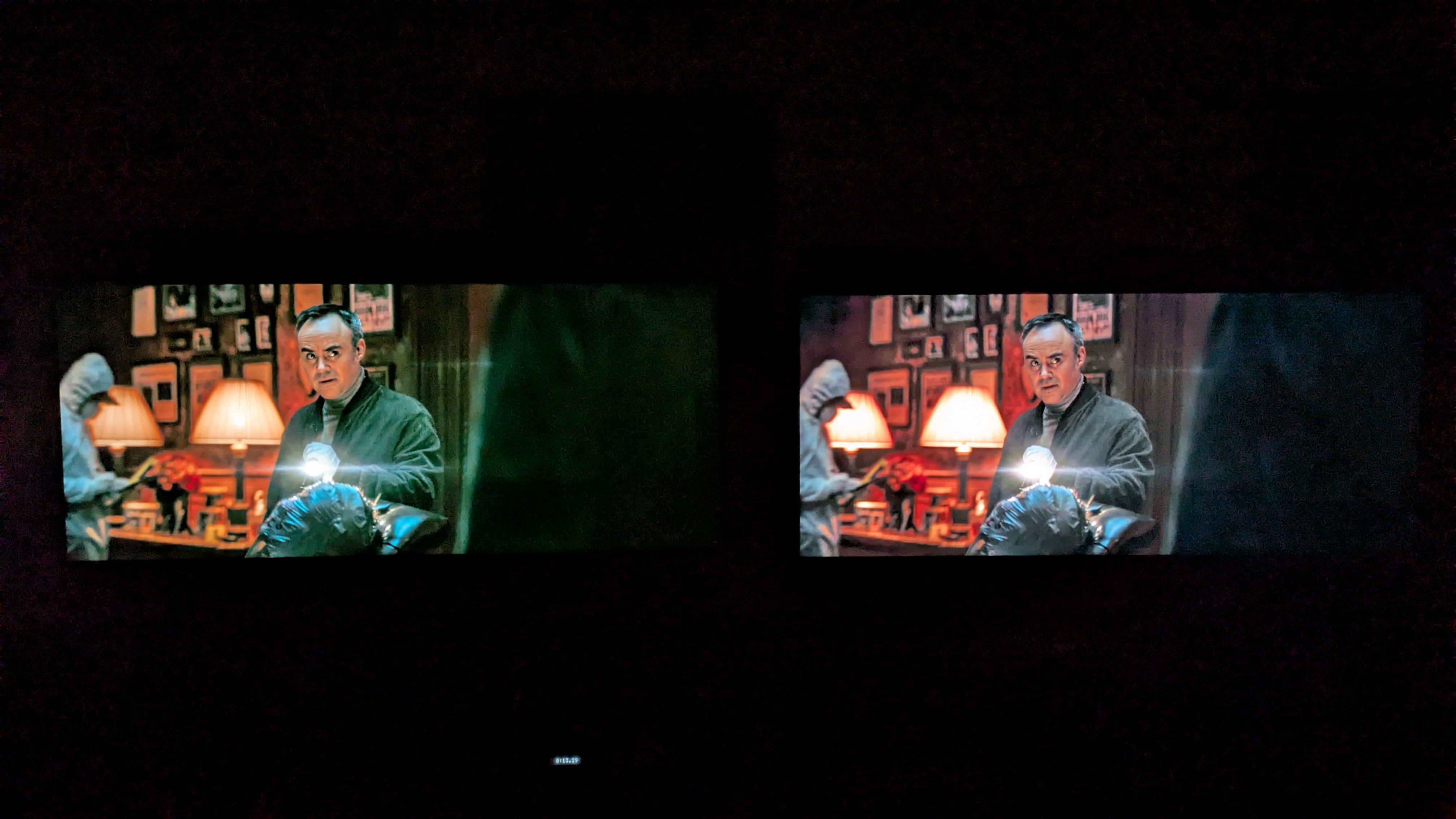 The LG B5 (left) and the LG G5 (right) with detective from The Batman on screen