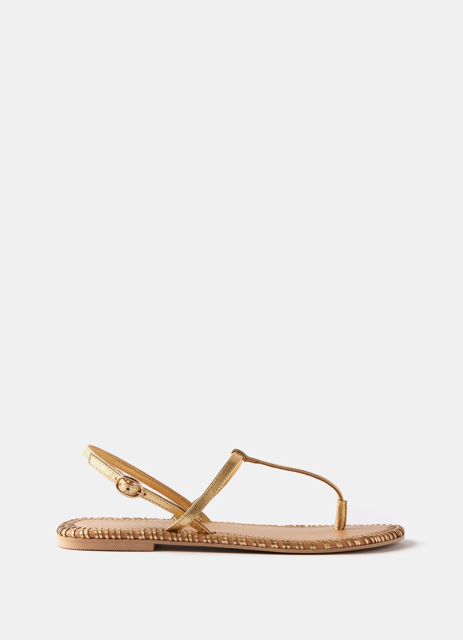 Gold Leather Whipstitch T-Bar Sandals