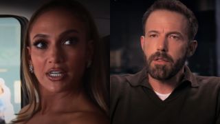 screenshots of Jennifer Lopez and Ben Affleck from halftime doc trailer