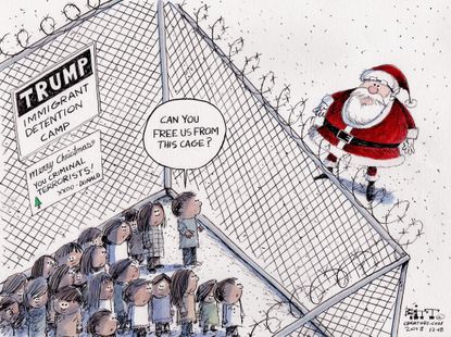 Political cartoon U.S. Trump immigrant detention camp children Christmas Santa free us from cage