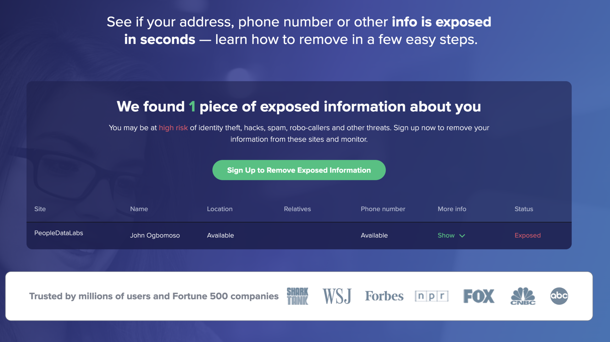 Data scan results on Privacy Protect (Hello Privacy)