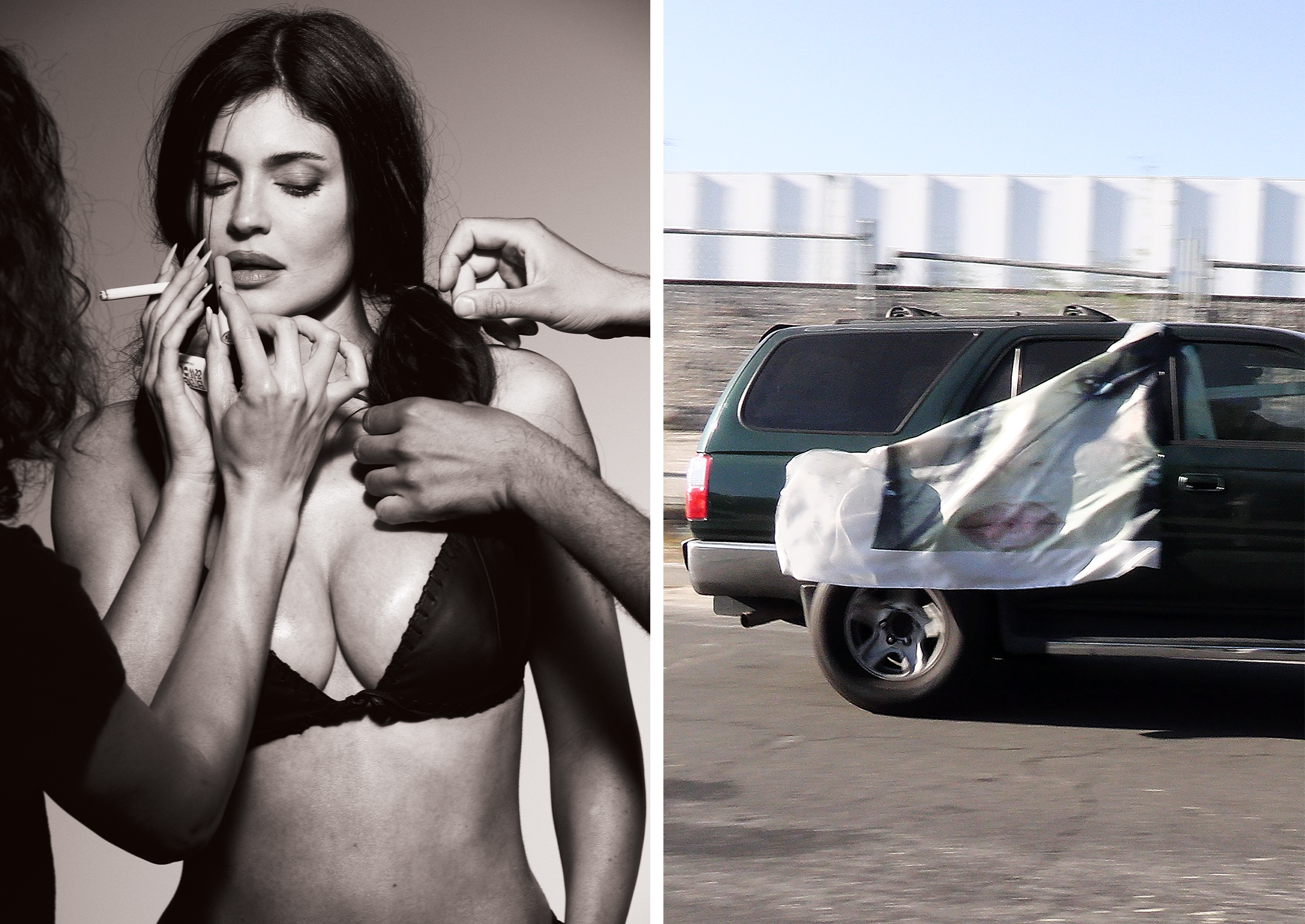Left: Black-and-white photo of Kylie Jenner smoking a cigarette while her glam team makes adjustments. Right: An SUV driving with a tablecloth featuring Kylie Jenner's face hanging out the window.