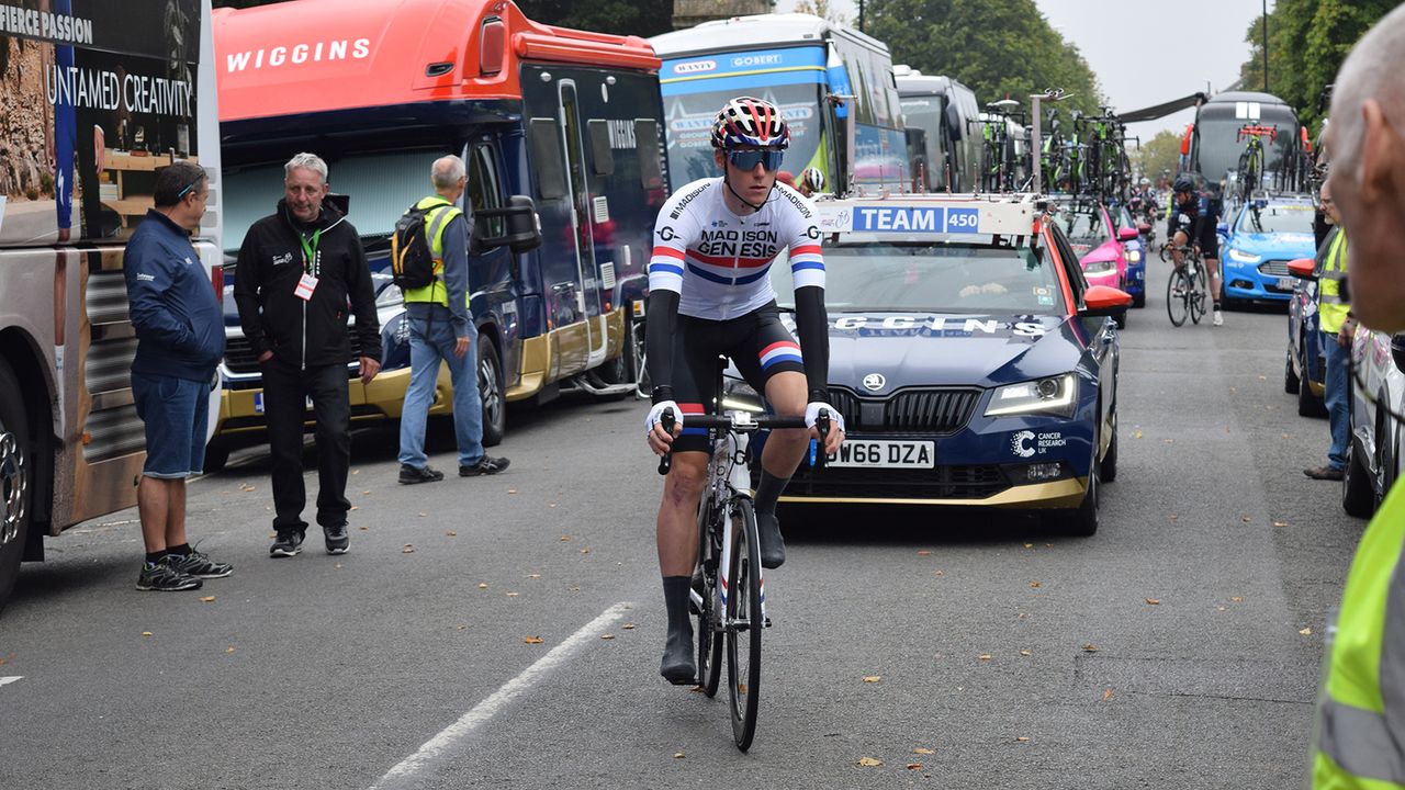 Connor Swift (Madison-Genesis) rolls to the stage start in his British national road race champion jersey
