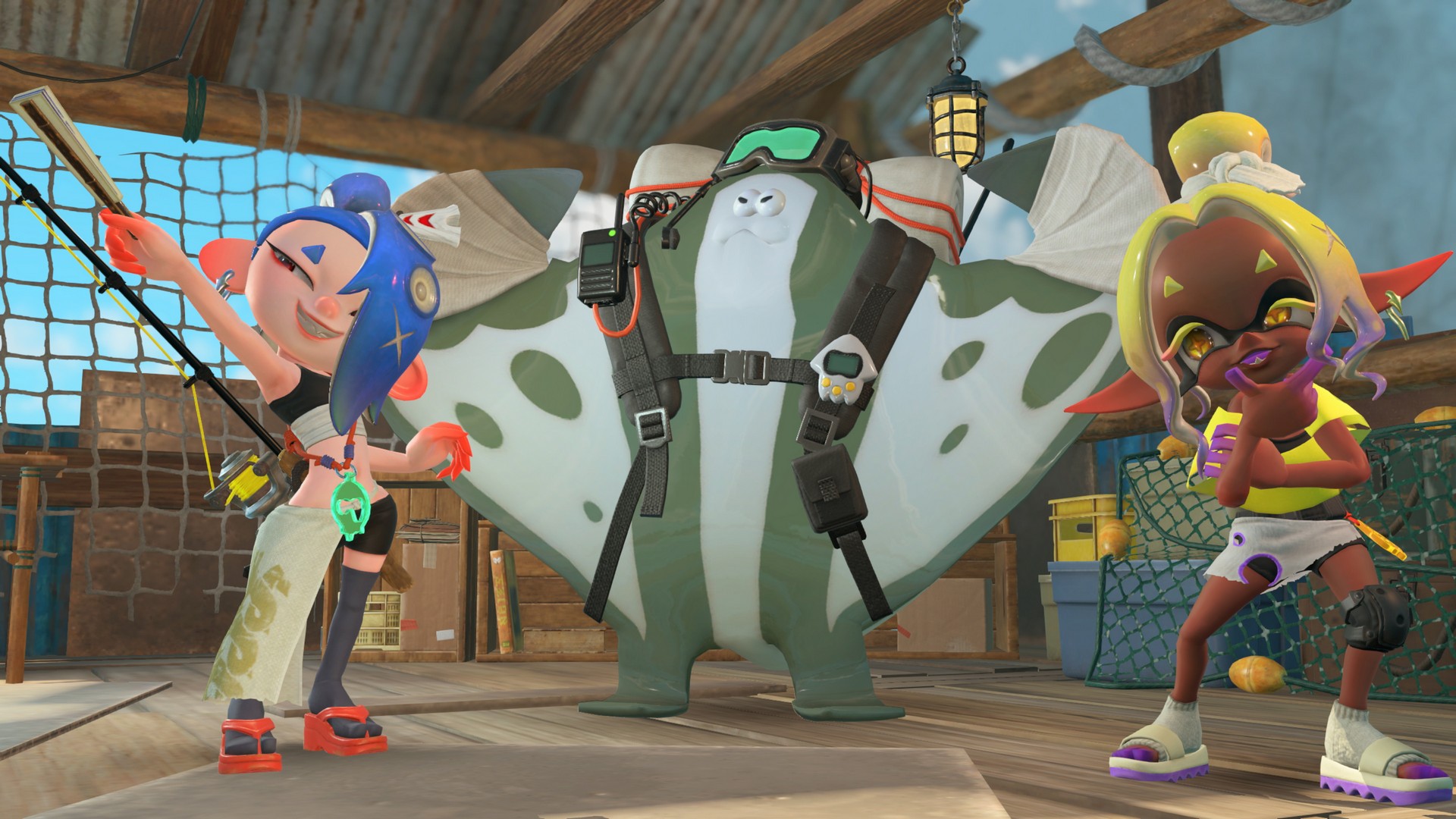Two squidlings poses next to a manta ray in Splatoon Raiders