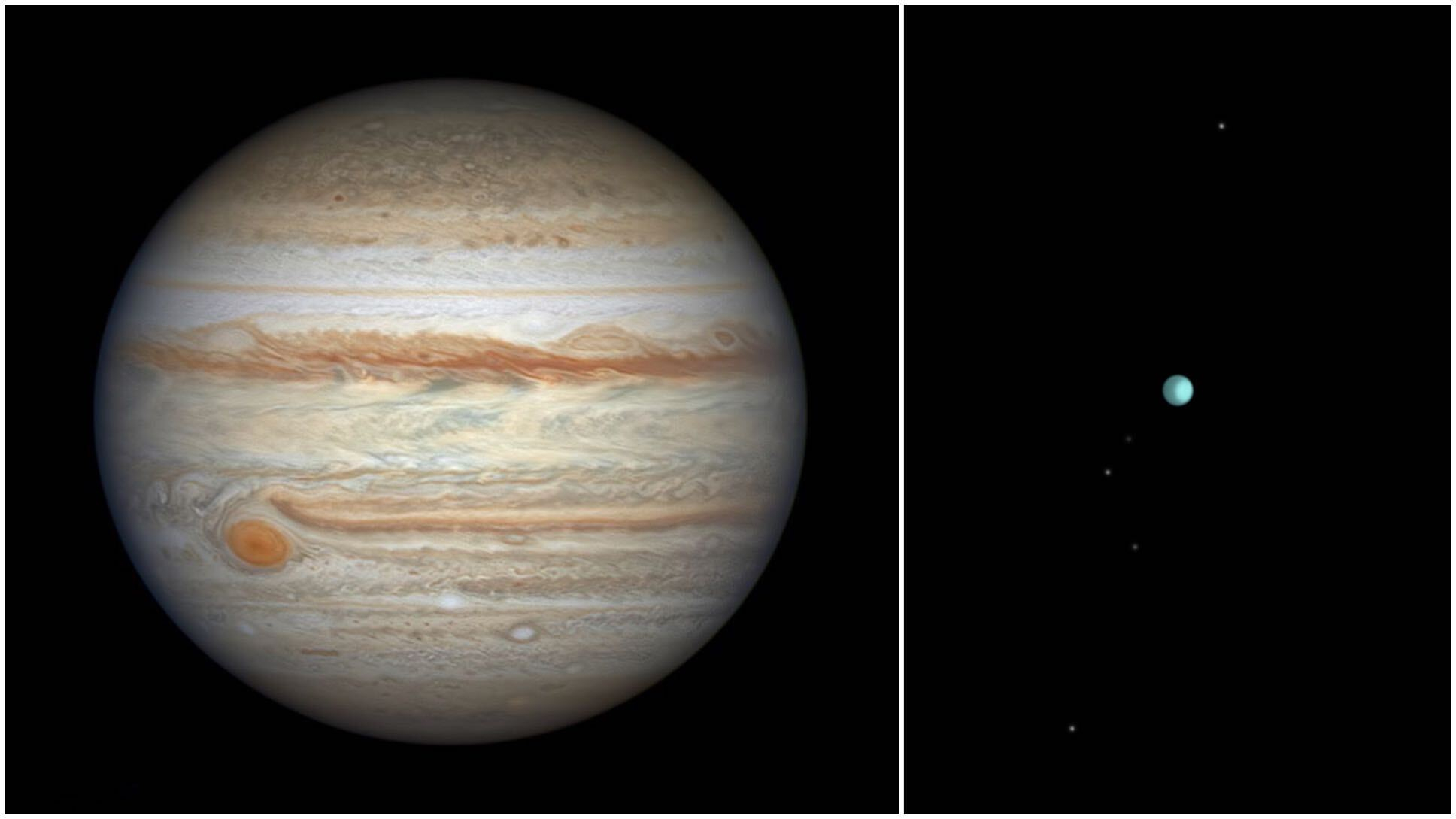 木星の写真と、5 つの小さな衛星を持つ小さな天王星の写真