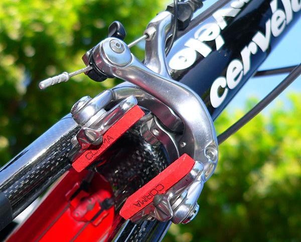 Corima brake blocks are a popular choice in the peloton when using carbon rims.