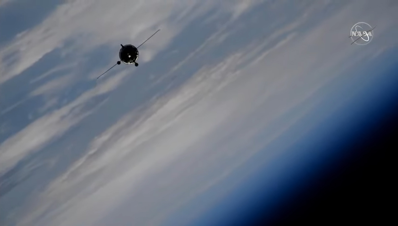The Soyuz MS-19 spacecraft carrying Russian actress Yulia Peresild, producer-director Klim Shipenko and cosmonaut Anton Shklaperov approaches the International Space Station on Oct. 5, 2021 in this still from station cameras captured during docking operations.
