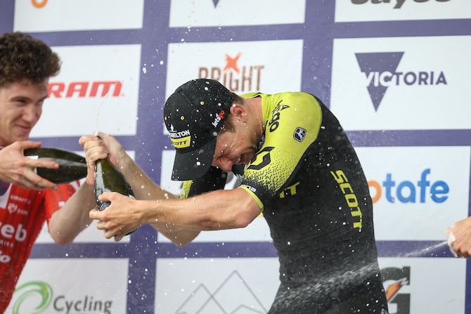 Stage 3 winner Kaden Groves (Mitchelton-Scott) gets a champagne-soaking on the podium