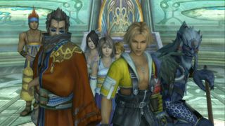 In Final Fantasy 10, protagonist Tidus stands with party members Auron, Kimahri Ronso, Yuna, Wakka, Lulu, and Rikku
