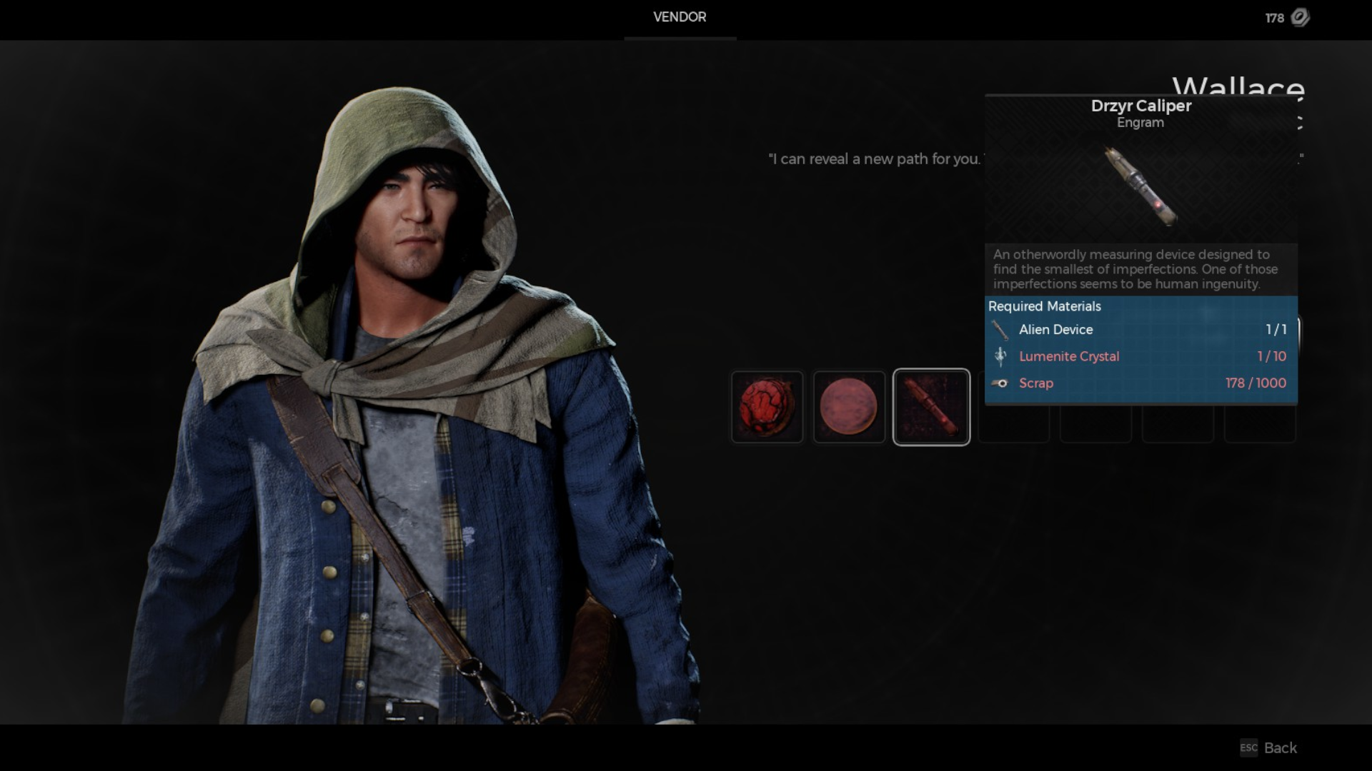 An image of Wallace from Remnant 2 selling the engram which unlocks the Engineer archetype.